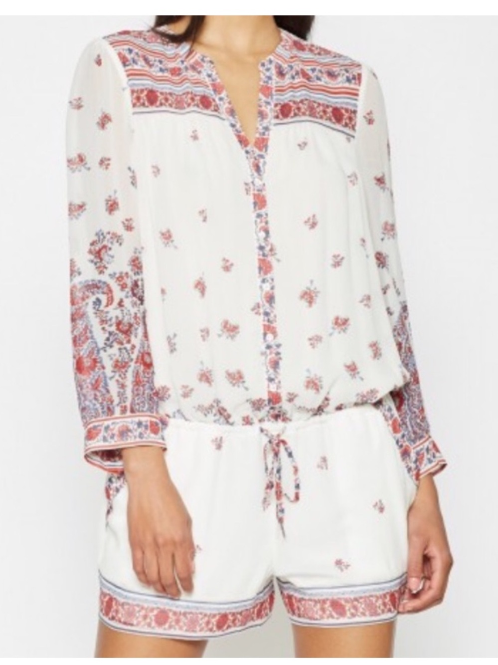 Joie Ivory Red Floral Print Romper Paisley Long Sleeve Shorts Lined